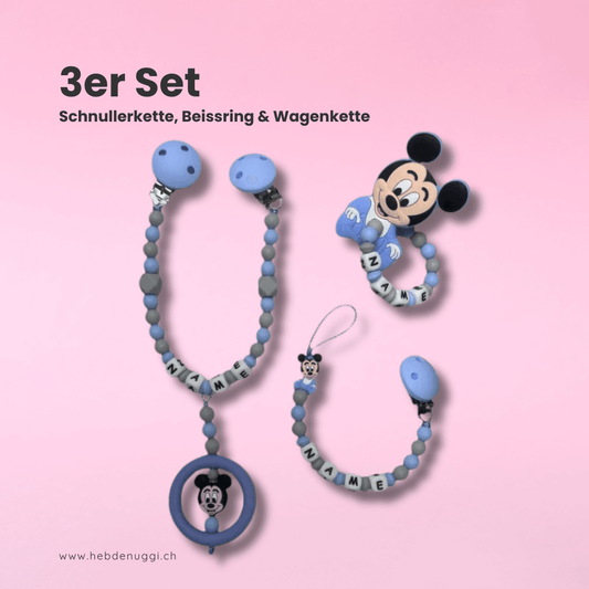 babygeschenk set aus der schweiz – schnullerkette, beissring & wagenkette handmade & personalisierbar